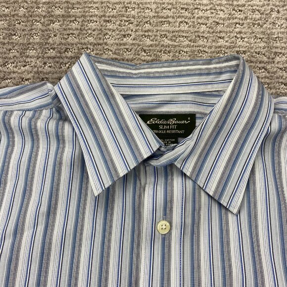 Eddie Bauer Shirt Men L Tall Slim Fit Blue White Gray Striped Wrinkle Resistant - Picture 3 of 9